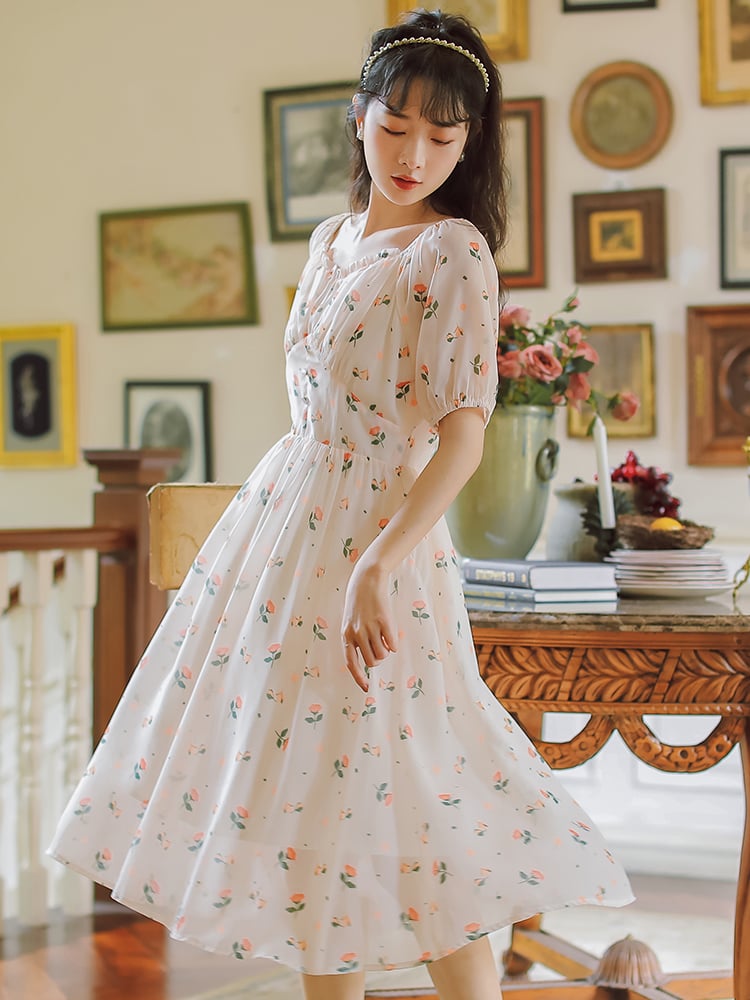 Savypri French Fleur Chiffon Midi Dress